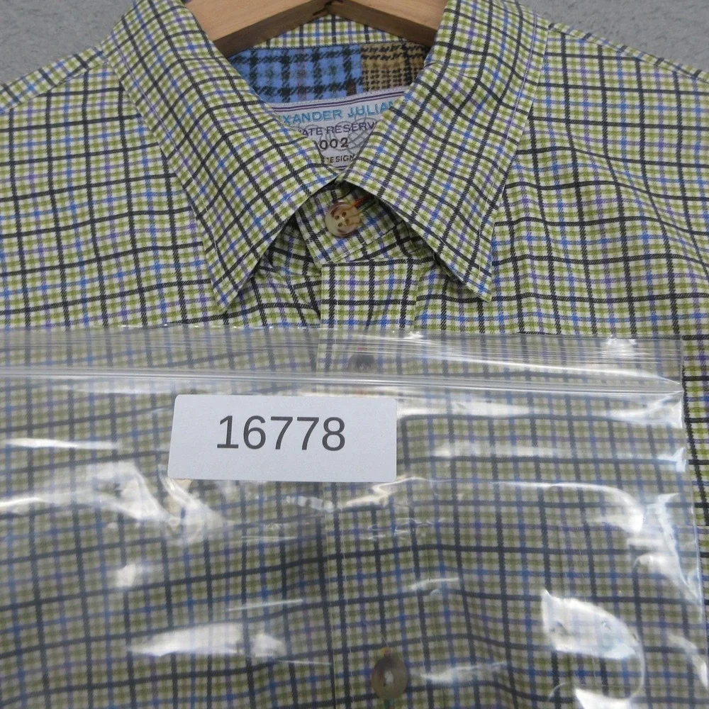 Vintage Alexander Julian Check Shirt Men L Green Plaid Flip Cuff Y2K Cotton 2002
